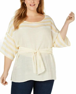 NY Collection Womens Yellow Striped Tie Waist Sheer Pullover Basic Top Size 3X - Picture 1 of 7