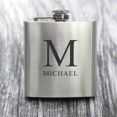 Personalised Hip Flask Monogram and Name Birthday Wedding Xmas Stainless Steel - Image 1 of 4