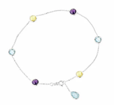 Лодыжка из белого золота 14 карат с лимонным кварцем, аметистом и голубым топазом капля 9 дюймов - Изображение 1 из 3