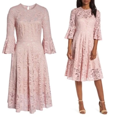 ELIZA J Blush Pink Floral Lace Sheer Ruffle Bell 3/4 Sleeve Fit Flare Dress 6 S - Image 1 of 4