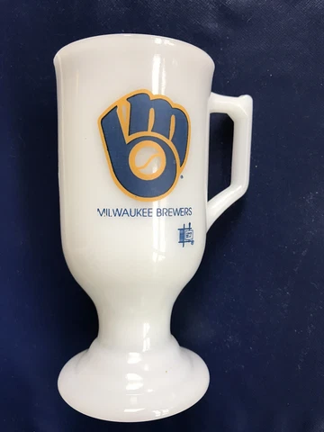 Vtg 1970s Milk Glass Pedestal Mug Milwaukee Brewers MLB Baseball Glove Logo Cover