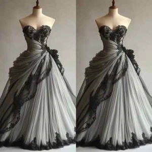 Gothic Wedding Dresses Strapless Black Lace Applique Ruched A Line Bridal Gowns - Picture 1 of 10