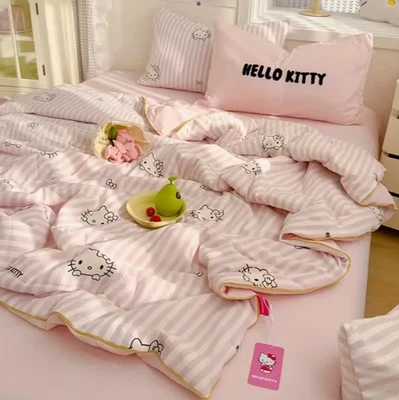Edredón de verano Hello Kitty Sanrio rosa blanco a rayas talla Queen nuevo con etiquetas Foto 1 de 4