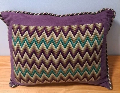 Handmade Geometric Purple Teal Down Filled Rectangular 11” x 17” Throw Pillow - Image 1 of 4