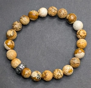 Unisex Picture Jasper Gemstone 10mm Beaded Stretch (18cm) M Wrist - Picture 1 of 6