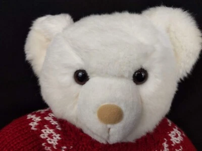 Vintage Hallmark Heartline 1986 White Plush Stuffed Bear Christmas Sweater Toy - Image 1 of 4