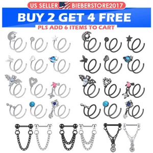 2PCS Double Hoop Spiral Nose Ring 16g Chain Dangle Nose Rings Studs Piercing 20G - Picture 1 of 34