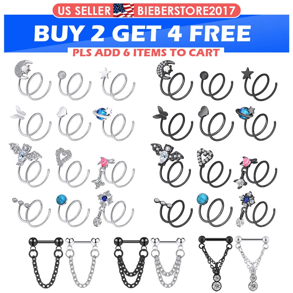 2PCS Double Hoop Spiral Nose Ring 16g Chain Dangle Nose Rings Studs Piercing 20G - Image 1 of 4