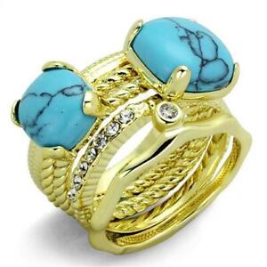 Ladies gold ring set turquoise stacking bands 5 pieces cz 18k blue matching 3650