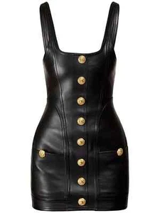 Custom Tailored Genuine Leather Dress Women Mini black dress silhouette buttons - Picture 1 of 3