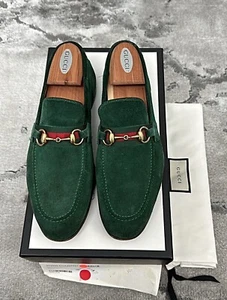 Authentic Gucci Web Gold Horsebit Green Suede Mens Loafer US8.5 EU42 UK8 - Picture 1 of 8