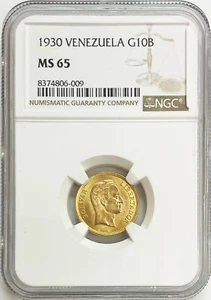 1930 GOLD VENEZUELA 10 BOLIVARES SIMON BOLIVAR COIN NGC MINT STATE 65 - Picture 1 of 2