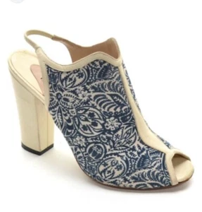 Womens Nicholas Kirkwood Peep Toe Slingback Pumps Block Heel Shoes Blue Cream 38 - Picture 1 of 13