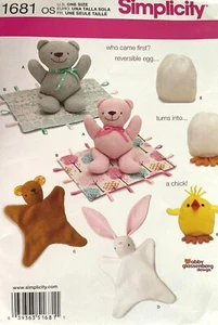 Simplicity Blanket Animals, Bear,Chick Toy Pattern 1681 Size 12.5" UNCUT - Picture 1 of 2