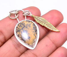 Honey Dendritic Opal -Mexico 925 Sterling Silver Two Tone Pendant 1.95" P71