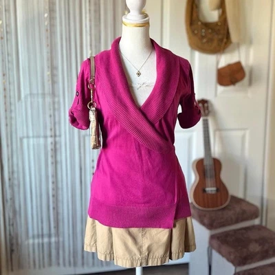 Suéter Top Vintage Merona Rosa Envolvente Manga Corta Cárdigan Cintura Corbata Botones Foto 1 de 4