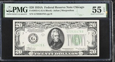 $20 1934A Federal Reserve Note Chicago Julian Morgenthau About Uncirculated 55 E - Image 1 of 2