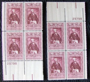 US 3¢ stamp SC #1097 La Fayette 2 matching number plate blocks MNH 1957. - Picture 1 of 2