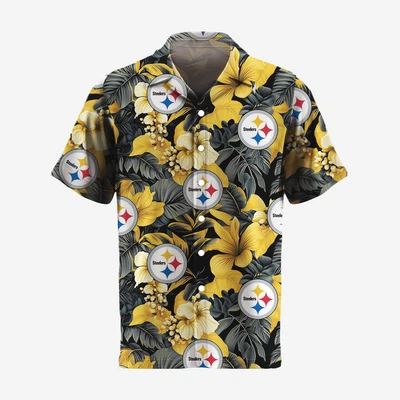 Camisa Pittsburgh Team Steeler abotoada, havaiana tropical, flores - Imagem 1 de 2