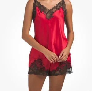 Natori Plume Cami + Tap Short Set Gr.L seidiger Schlafanzug rot mit schwarzer Spitze Adj Träger - Bild 1 von 14