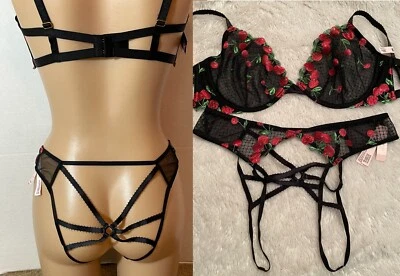 38D L VICTORIA'S SECRET Low Cut Demi BRA CROTCHLESS Panty Set Black Red CHERRIES - Image 1 of 4