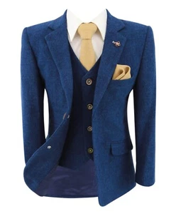 Conjunto de 3 piezas de traje formal ajustado de lana de tweed azul para niños, chaqueta chaleco pantalón - Imagen 1 de 9