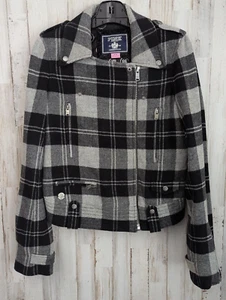 Victoria's Secret Coat M Plaid Black Gray Wool Lined Moto Preppy Grunge Academia - Picture 1 of 12