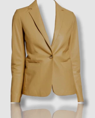 $1095 Blazer Vince Mujer Amarillo Manga Larga Cuello en V Ajustado Piel de Cordero Cuero S Foto 1 de 4