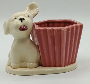 Vintage Japan Ceramic Adorable Dog Figurine Pink Pot Planter - Picture 1 of 12