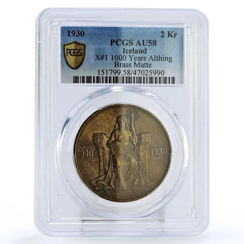 Iceland 2 kronur 1000 Years Althing Female Figure Matte AU58 PCGS CuZn coin 1930 Cover