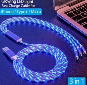 3 in 1 Glowing LED USB Charging Cable For iPhones USB C Micro Android Phones - Picture 1 of 6