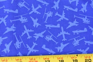 22" Long, Blue Military Aircraft on Blue Cotton, Exclusively Quilters, N6114 - Picture 1 of 6