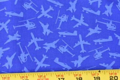 22" Long, Blue Military Aircraft on Blue Cotton, Exclusively Quilters, N6114 - Image 1 of 4