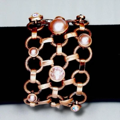 Wide Cuff Bracelet Copper Link Crystal Pink Pearl Vintage Lia Sophia 7” Y2K - Image 1 of 4