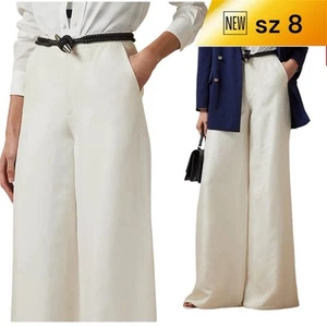 Ralph Lauren Women's Wide-Leg Trousers Size 8 Ivory Formal Silk Shantung Pants - Picture 1 of 13