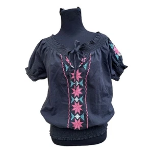 Camicia donna LSTER cotone nera manica corta ricamata BOHO TG L USATA IN OTTIME CONDIZIONI - Foto 1 di 8