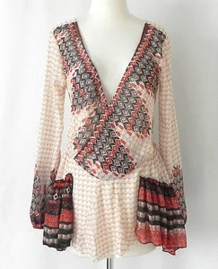 Free People Tunic Top Long Sleeve Sheer Deep V-Line Neck Ruffle Trim Size XS(TP) - Picture 1 of 11