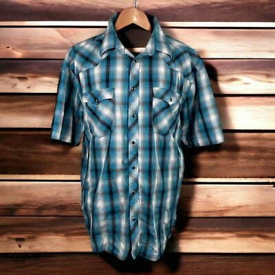 Camisa Gioberti Para Hombres 3XL Verde Azulado Negro A Cuadros Manga Corta Perla Cuello a Presión Foto 1 de 4