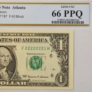 $1 Fancy Serial Number 7 In A Row Near Solid Series 1999 PCGS 66PPQ - F22222221H - Picture 1 of 4