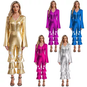 Women's 70s Disco Dance Jumpsuit Metallic Shiny Flare Bell Bottom Pants Costume - Picture 1 of 27