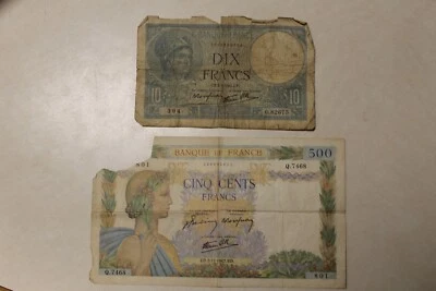France 10 & 500 Francs 1942 Banque de France Currency Money - Image 1 of 4