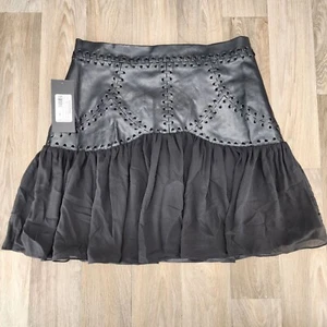 Marciano Damen Größe 10 Schwarz Leder Chiffon Minirock Nähte Rüschen - Bild 1 von 9