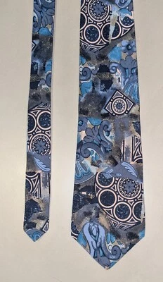 Gravata de seda Saks Fifth Avenue azul floral e geométrica padrão misto feita na Itália - Imagem 1 de 4