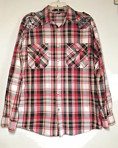 DWNTWN EXPRESS Men XL Red Plaid Adjustable Sleeve Graphics on Back Button Front - Picture 1 of 12