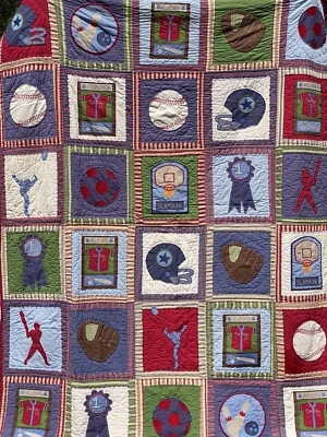 Pottery Barn Kids Patchwork Sports Quilt Blue Multicolor Heavy Twin Baseball VG - Image 1 of 4