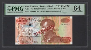 New Zealand 5 Dollars ND(1992-97) P177s "Specimen N.007" Uncirculated Grade 64 - Picture 1 of 2