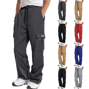 Mens Fleece Cargo Sweatpants Baggy Elastic Waist Drawstring Joggers Trouser - Picture 1 of 31