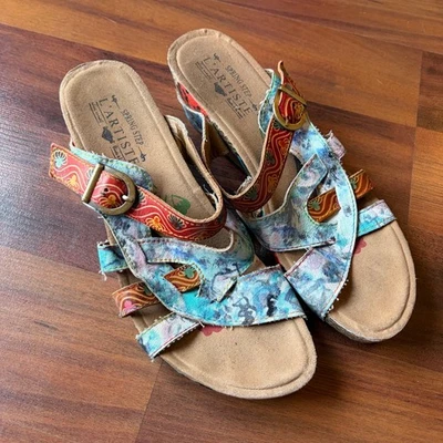 LArtiste Spring Step Multicolor Leather Wedge Sandals Buckle Straps Cork - Image 1 of 4