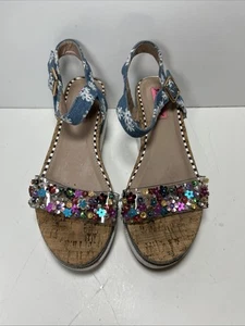 Betsey Johnson Faegan Platform Wedge Sandal Floral Embellished Denim 9.5 Flaw - Picture 1 of 12