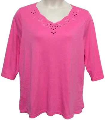 Quacker Factory 粉色上衣女式 XL 3/4 袖闪亮孔眼度假村 Barbiecore — 第 1/4 张图片